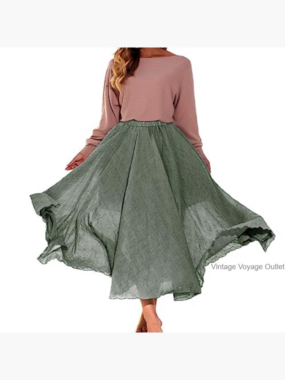 Bohemian Maxi Skirt Dress Elastic Waist Cotton Linen Floor Length - Picture 4 of 7